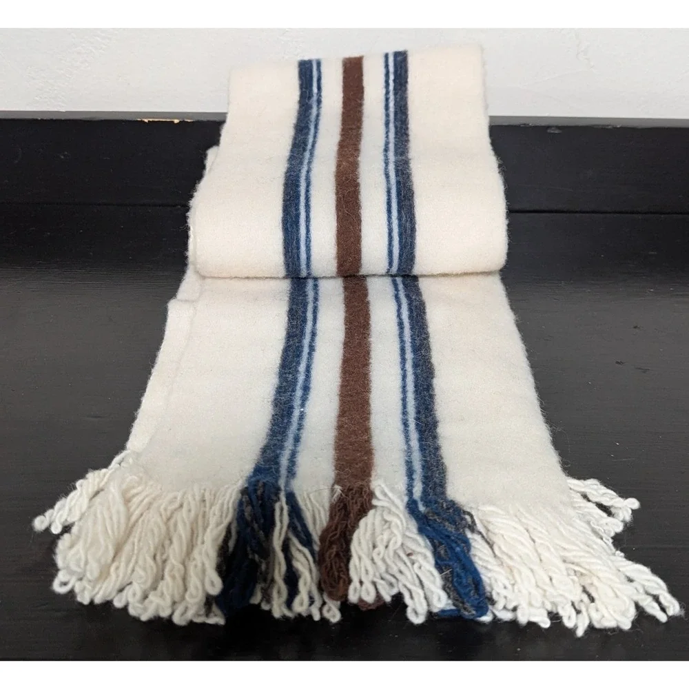 Gender‎ Neutral 100 % Wool Scarf Cream/Blue/Brown w/Tassel Fringe